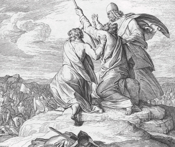 Moses lifting staff over battle at Amalek